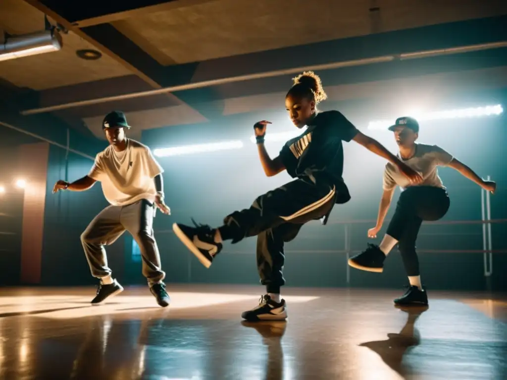 Jóvenes bailarines de hip hop ejecutan movimientos de breakdance en un estudio subterráneo, mostrando la importancia cultural del hip hop