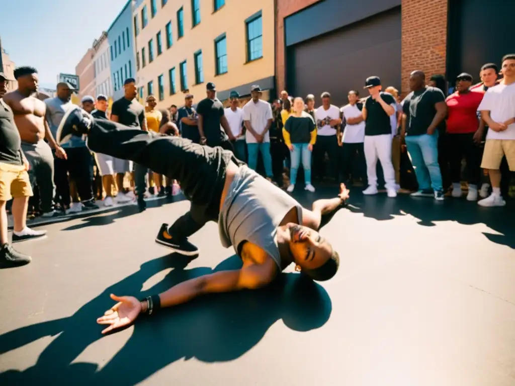 Jóvenes breakdancers compiten en la calle, expresando la importancia cultural del hip hop en una vibrante batalla