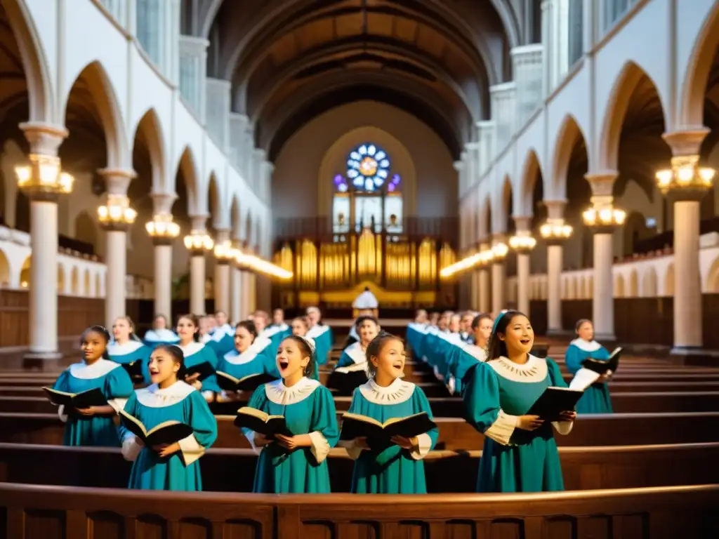 Jóvenes miembros del coro de una escolanía renacentista, vistiendo trajes tradicionales, cantando apasionadamente en una catedral histórica