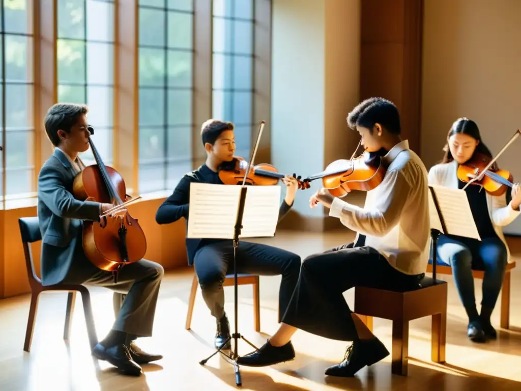 Jóvenes músicos en círculo tocando instrumentos, enfoque educativo música cámara digital