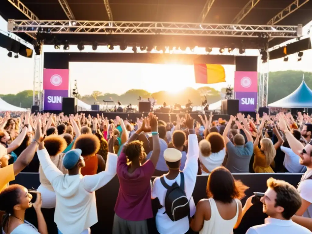 Jóvenes músicos en escenario vibrante, rodeados de público entusiasta