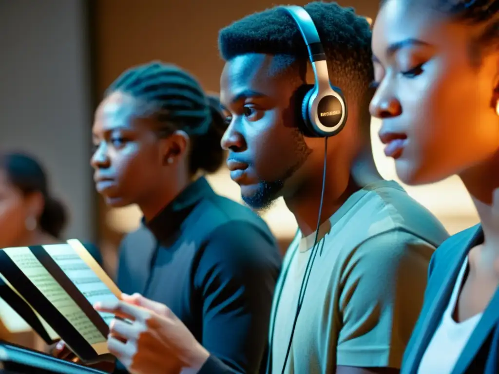 Jóvenes músicos en intensa concentración frente a tabletas digitales, en una atmósfera cálida de ensayo de música de cámara con enfoque educativo