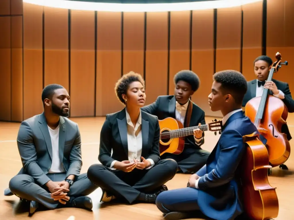 Jóvenes músicos escuchan atentamente a su mentor en un cálido espacio de ensayo