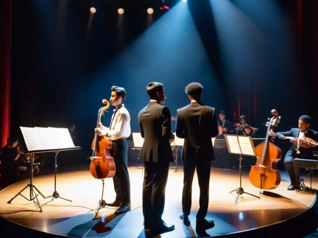 Jóvenes músicos se preparan para actuar en vivo, mostrando la intensidad y determinación de la preparación en educación musical