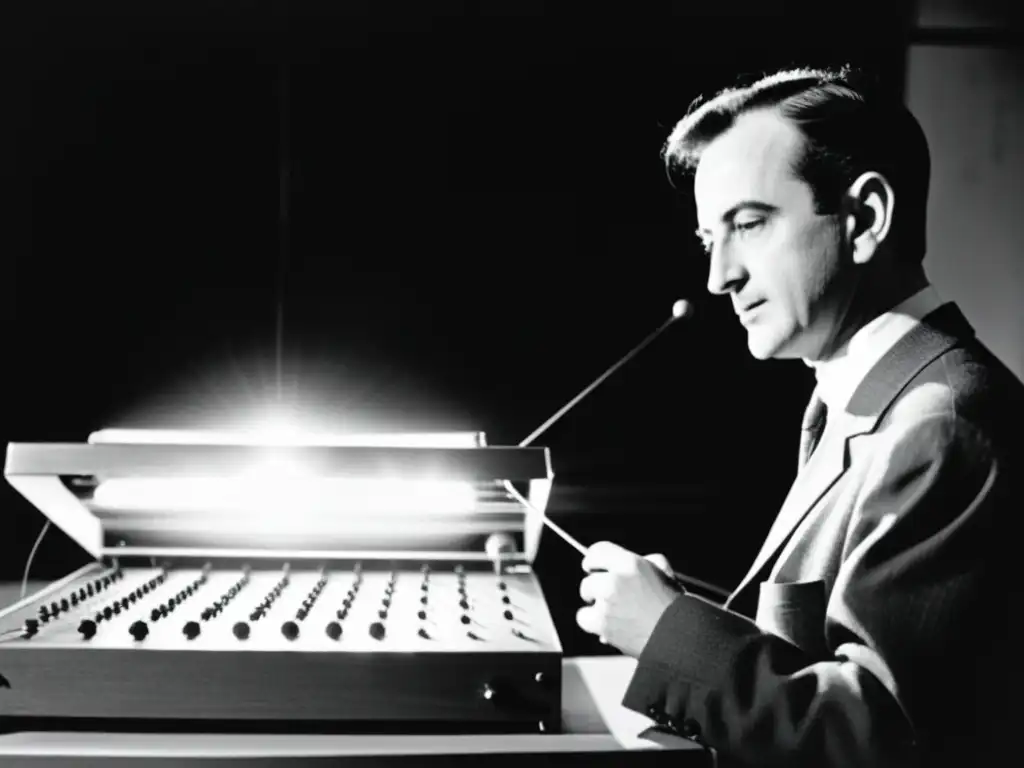 Léon Theremin posa junto al prototipo original del theremín en su taller, evocando la historia y relevancia cultural del instrumento