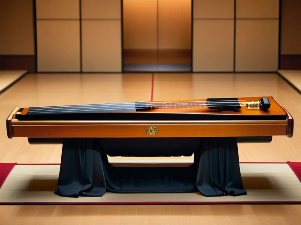 Un koto japonés se fusiona con la música occidental contemporánea en una hermosa y armoniosa interpretación en un moderno escenario iluminado