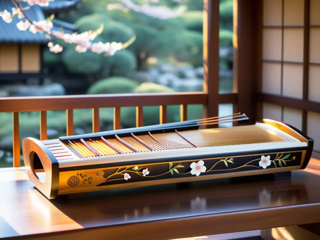 Un koto japonés tallado con delicadeza, rodeado de ramas de cerezo y bañado por una cálida luz