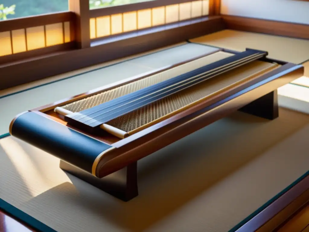 Un koto japonés tallado con esmero reposa en un tatami, iluminado por la suave luz a través de un shoji