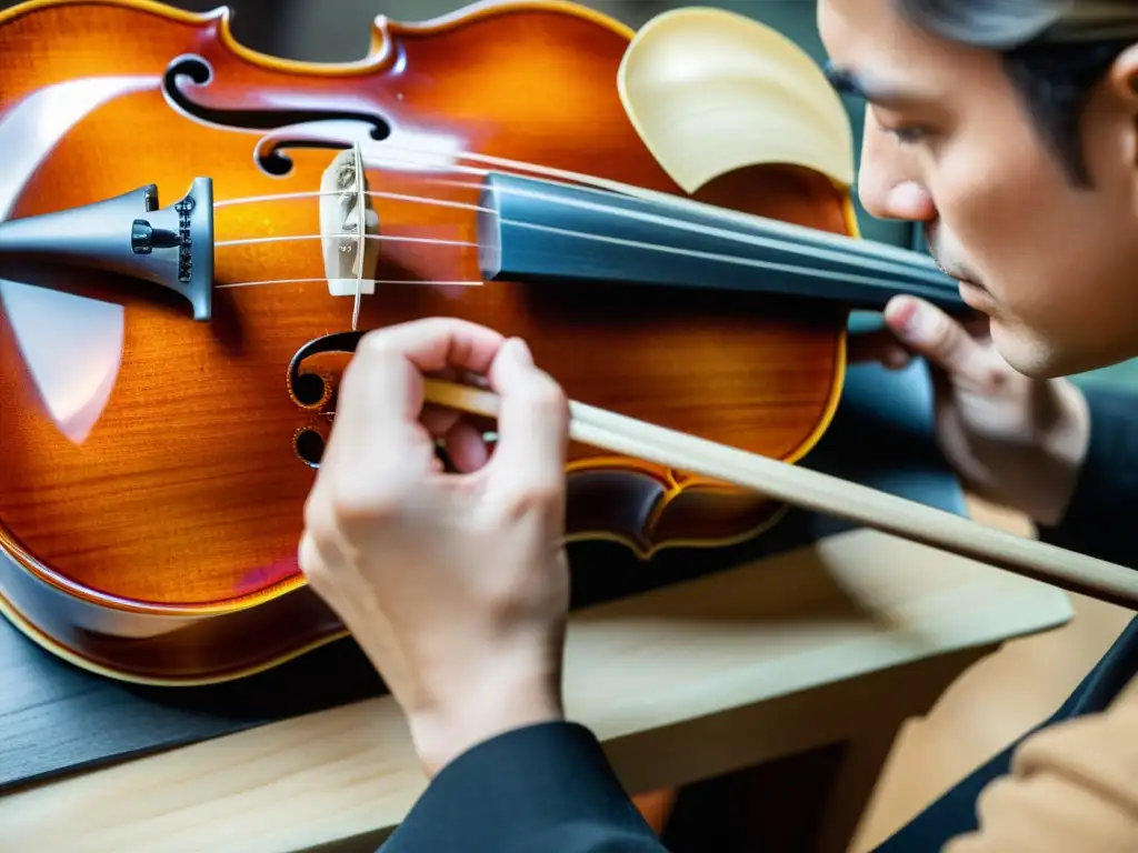 Un luthier aplica delicadamente laca a un violín artesanal, destacando la relación entre acústica y laca en violines