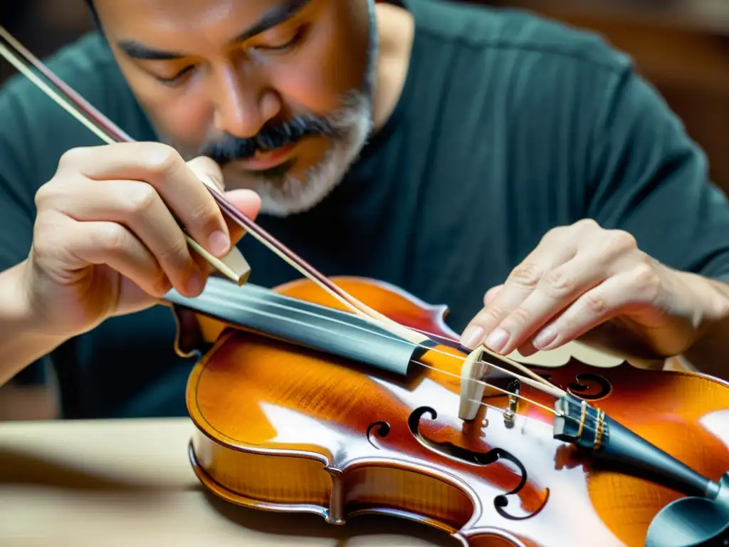 Un luthier aplica cuidadosamente laca a un violín, realzando su belleza natural