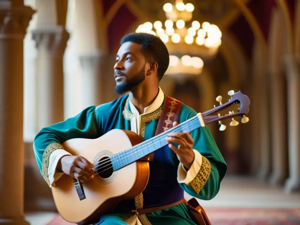 Un ministril medieval toca el laúd en un gran salón decorado con tapices y candelabros, evocando la música medieval secular