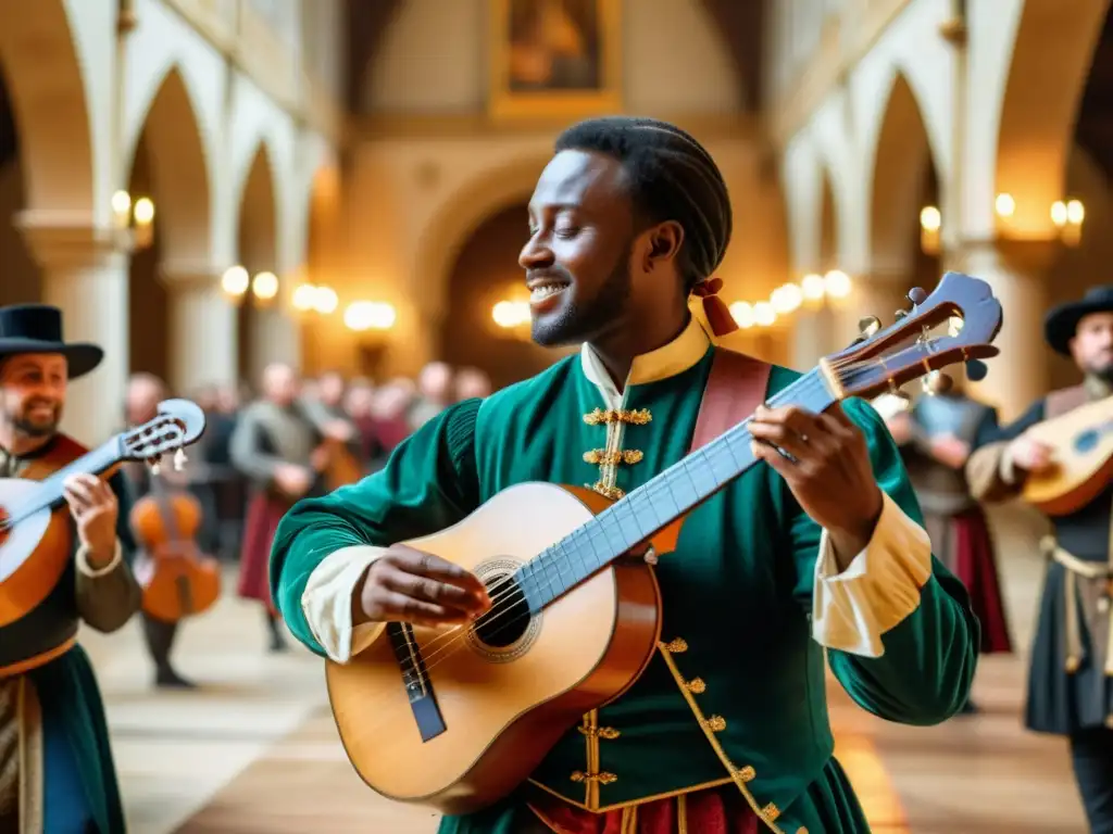 Un ministril medieval toca un laúd en un majestuoso salón, cautivando a nobles y plebeyos