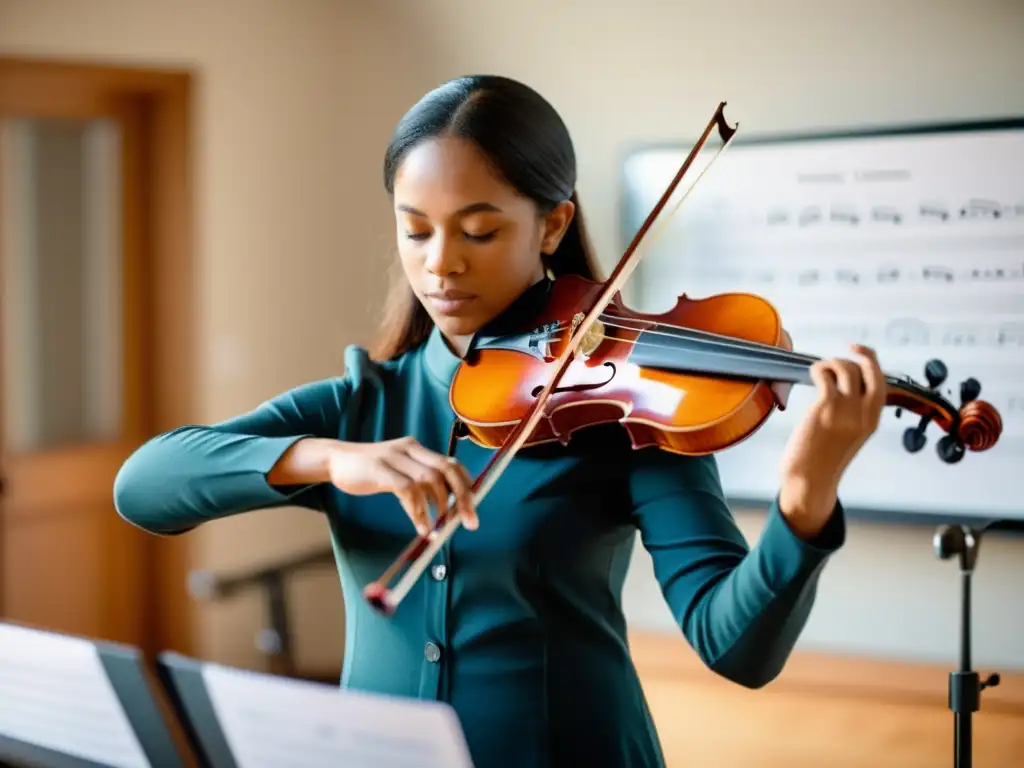 Una lección de violín en línea, con un instructor guiando a su estudiante a través de una compleja pieza musical