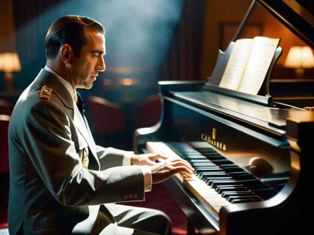 El legendario piano de 'Casablanca' iluminado por un foco, evocando la nostalgia y drama de la escena en Rick's Cafe Americain