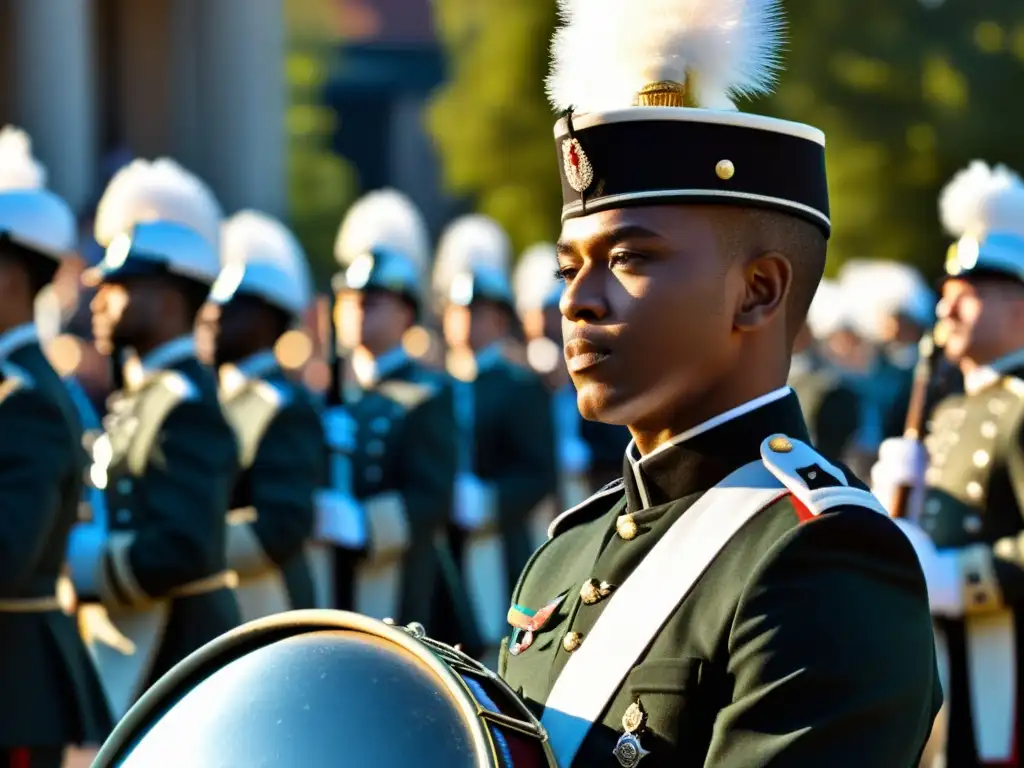 El líder de la banda militar, con uniforme impecable, dirige con determinación