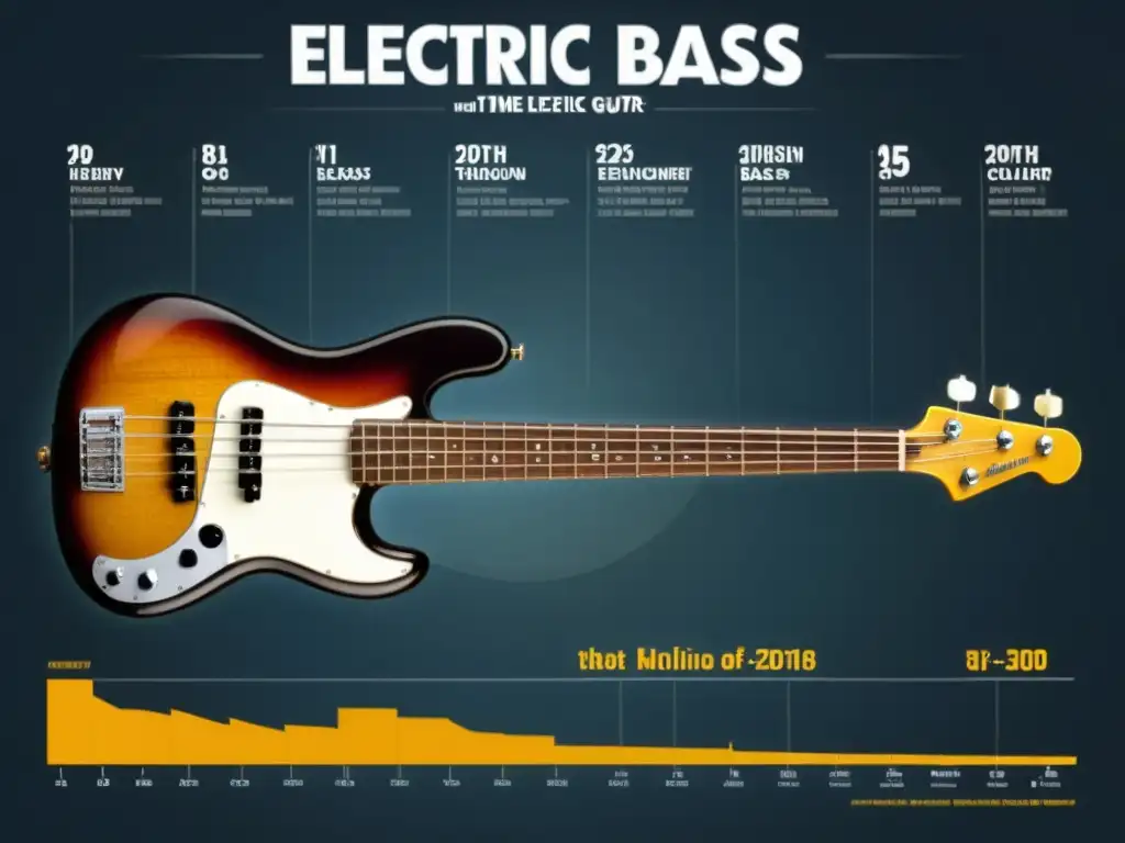 Una línea de tiempo detallada que muestra la evolución del bajo eléctrico en música a lo largo del siglo XX, con ilustraciones y fotografías de hitos clave, músicos influyentes y modelos icónicos de bajos