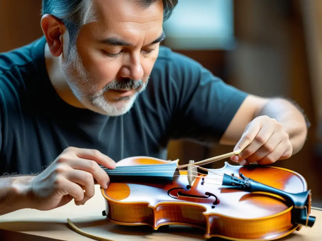 Un luthier aplica adhesivos modernos en instrumentos musicales, mostrando precisión y artesanía en la construcción de un violín