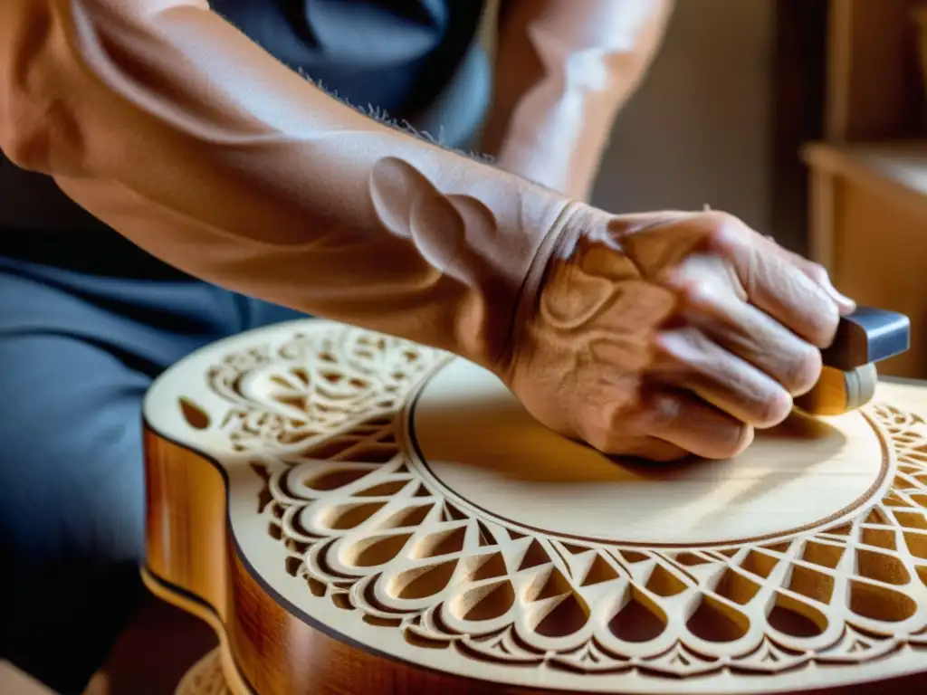 Un luthier artesanal talla patrones en una guitarra flamenca de madera, destacando la destreza y el proceso artesanal de creación