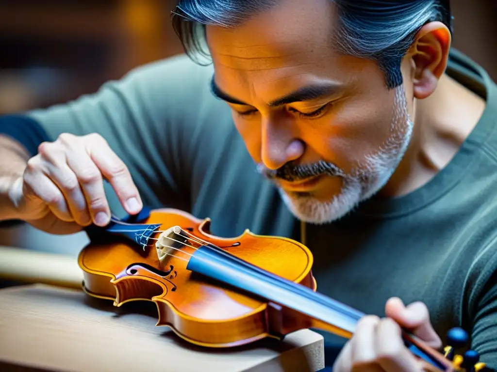 Un luthier artesano concentra su destreza en la elaboración de un violín tradicional, resaltando la dedicación y precisión en la construcción