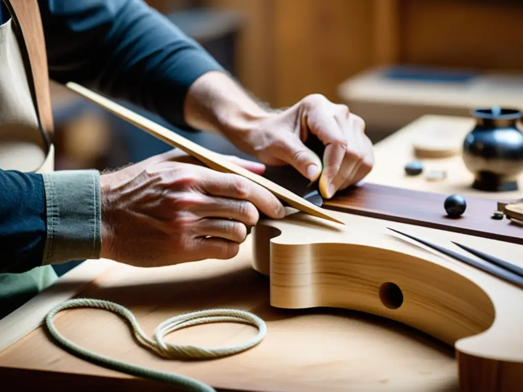 Un luthier artesano construye de forma ecológica un instrumento de cuerda, en un espacio cálido y natural lleno de materiales sostenibles