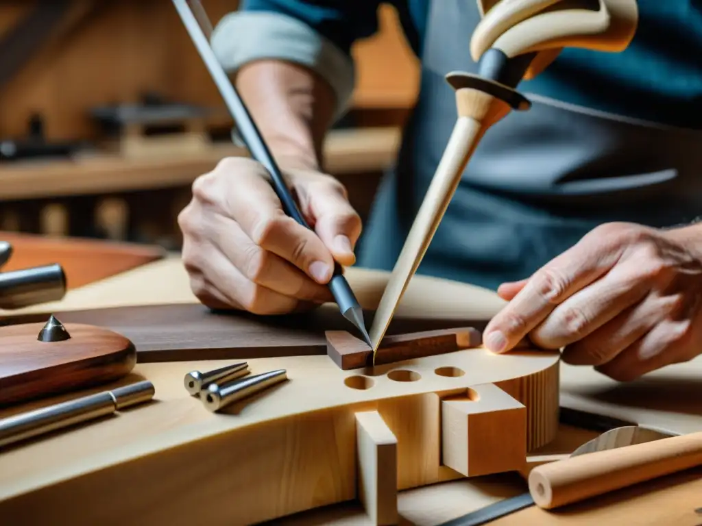 Un luthier concentrado esculpe con maestría un puente de violín, rodeado de herramientas