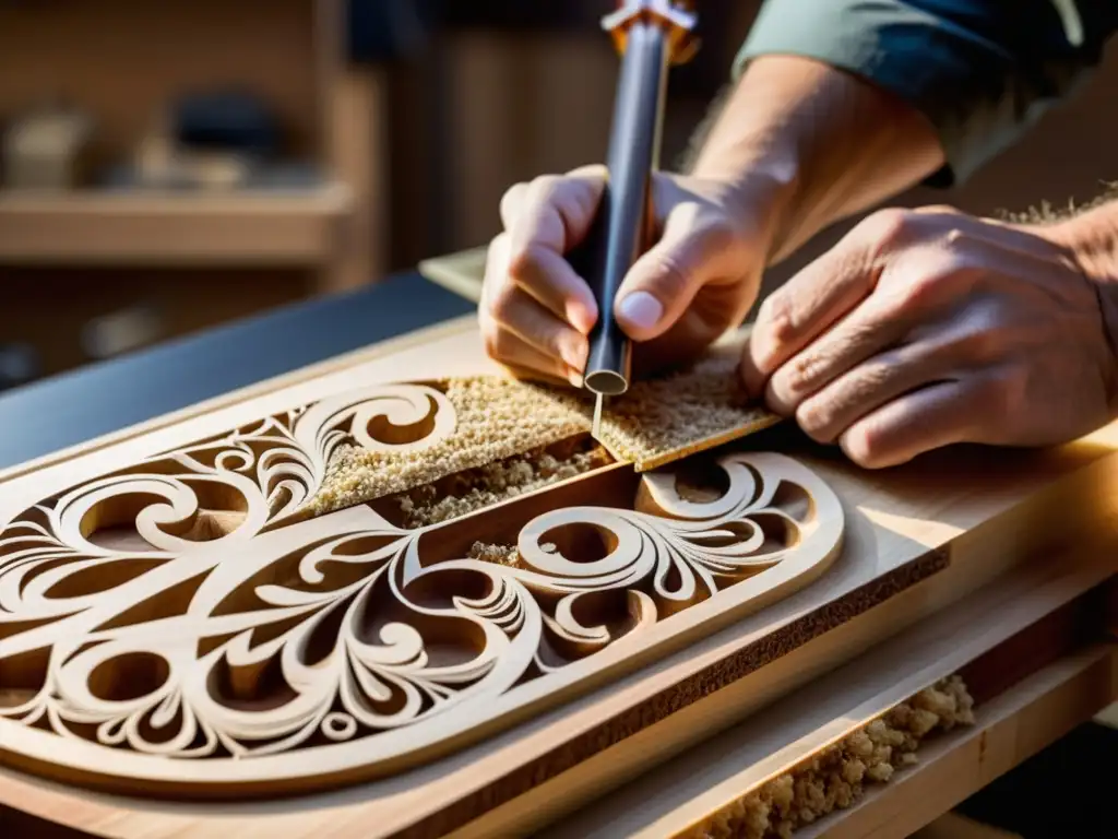 Un luthier concentrado talla diseños en una guitarra personalizada, con serrín esparcido