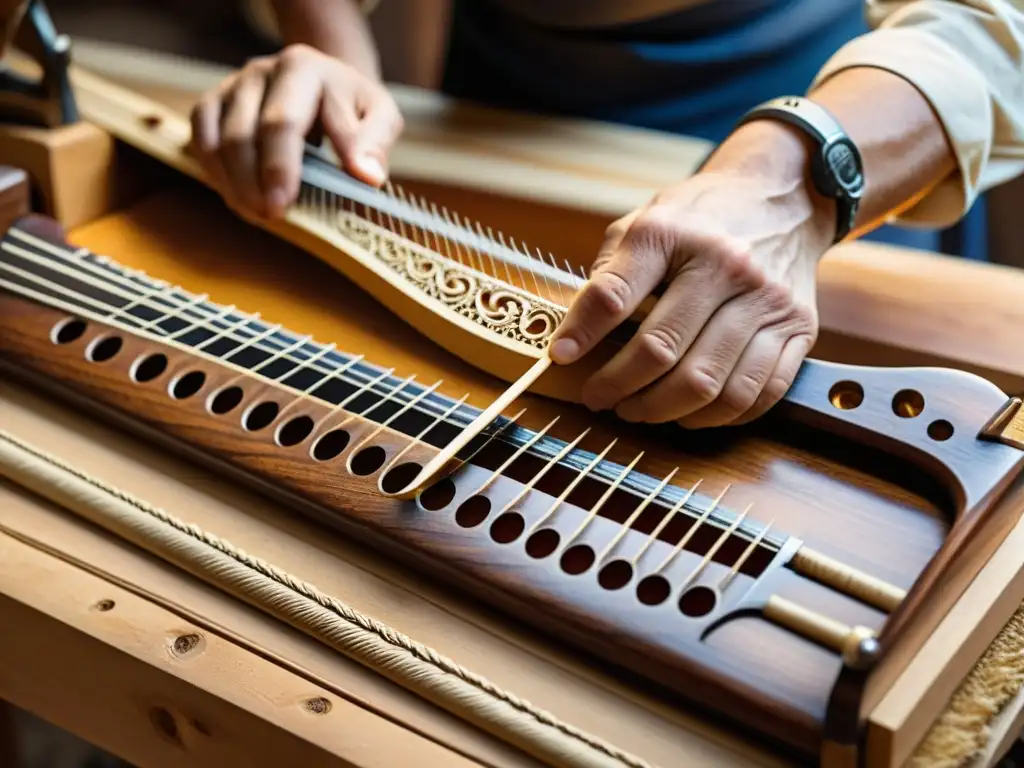 Un luthier trabaja en la construcción del tradicional Nyckelharpa sueco en un taller rústico