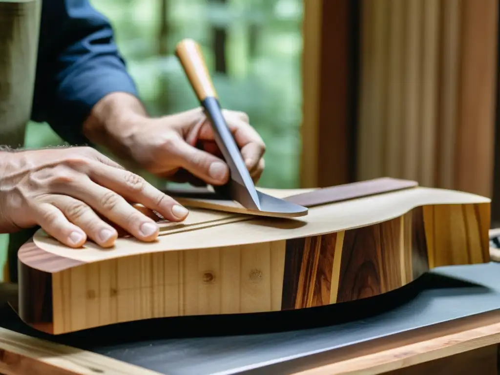 Un luthier selecciona con cuidado y esmero madera sostenible para un instrumento musical en el bosque