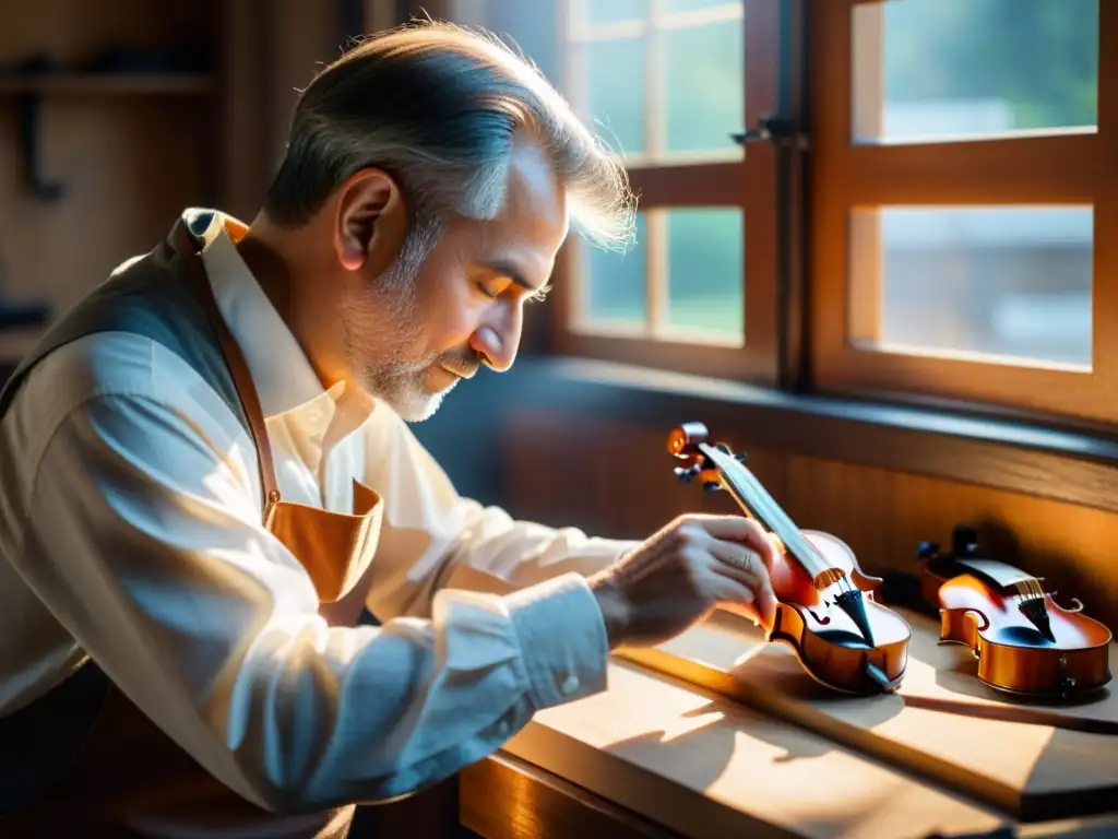 Un luthier selecciona con cuidado la madera para un violín, con luz solar destacando la textura