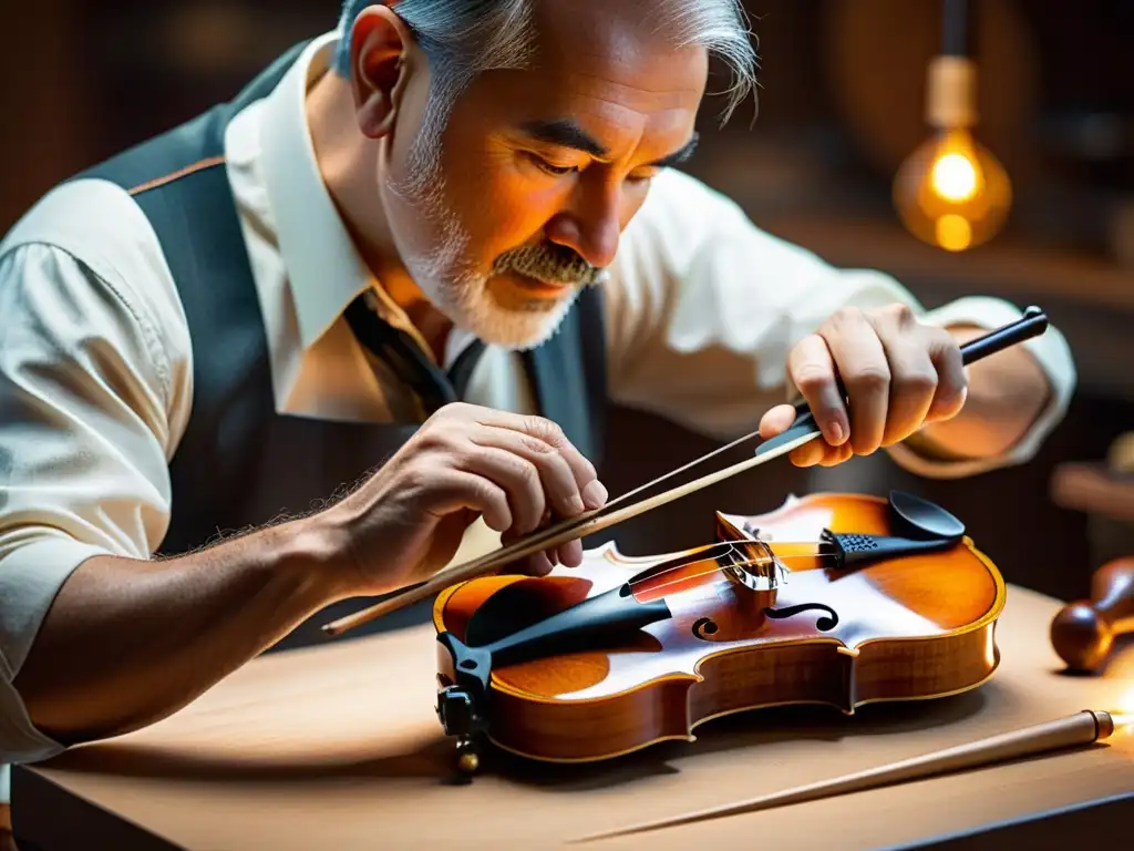 Un luthier tallando con destreza la delicada curva de un violín, iluminado por la cálida luz de su taller