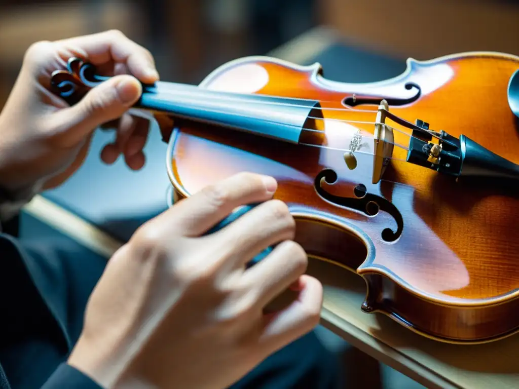 Un luthier experimentado aplica cuidadosamente barniz a un violín, preservando la artesanía y la preservación del sonido de instrumentos