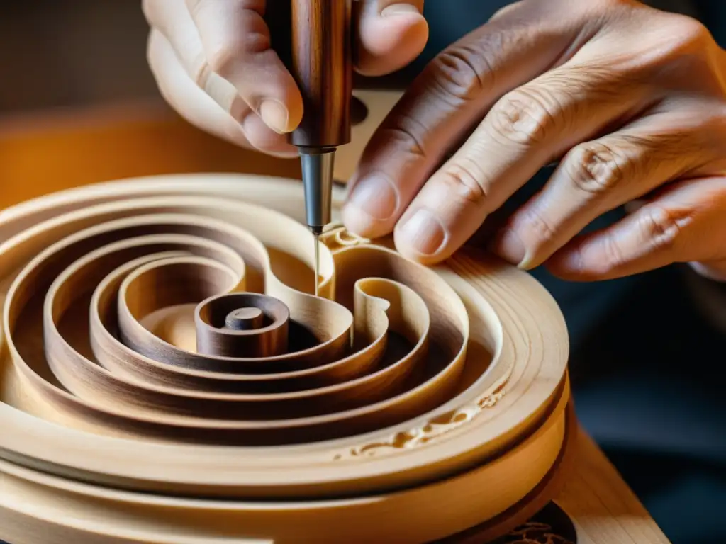 Un luthier experimentado talla con precisión el clavijero de un violín, mostrando la importancia técnica en la creación de instrumentos de música de cámara