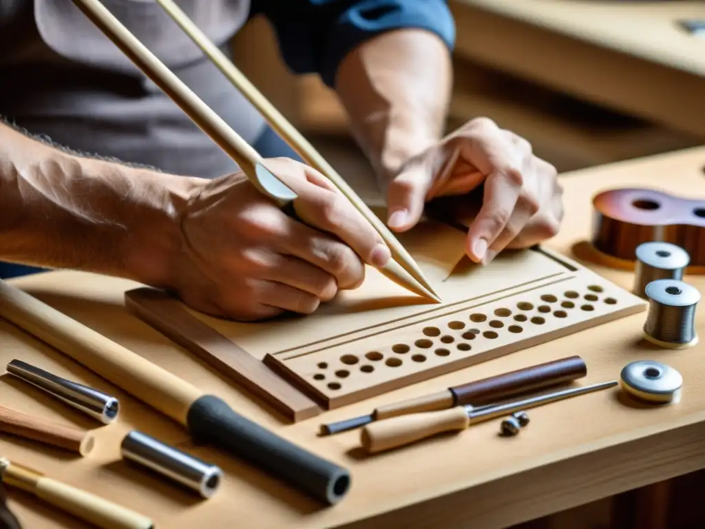 Un luthier experto trabaja con adhesivos modernos en la construcción de instrumentos musicales, fusionando tradición y tecnología