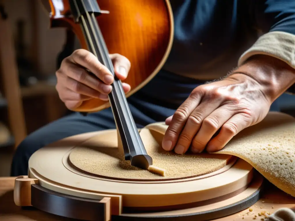 Maestro luthier tallando un contrabajo con maestría Un luthier experto transforma el bajo contrabajo eléctrico con precisión artesanal