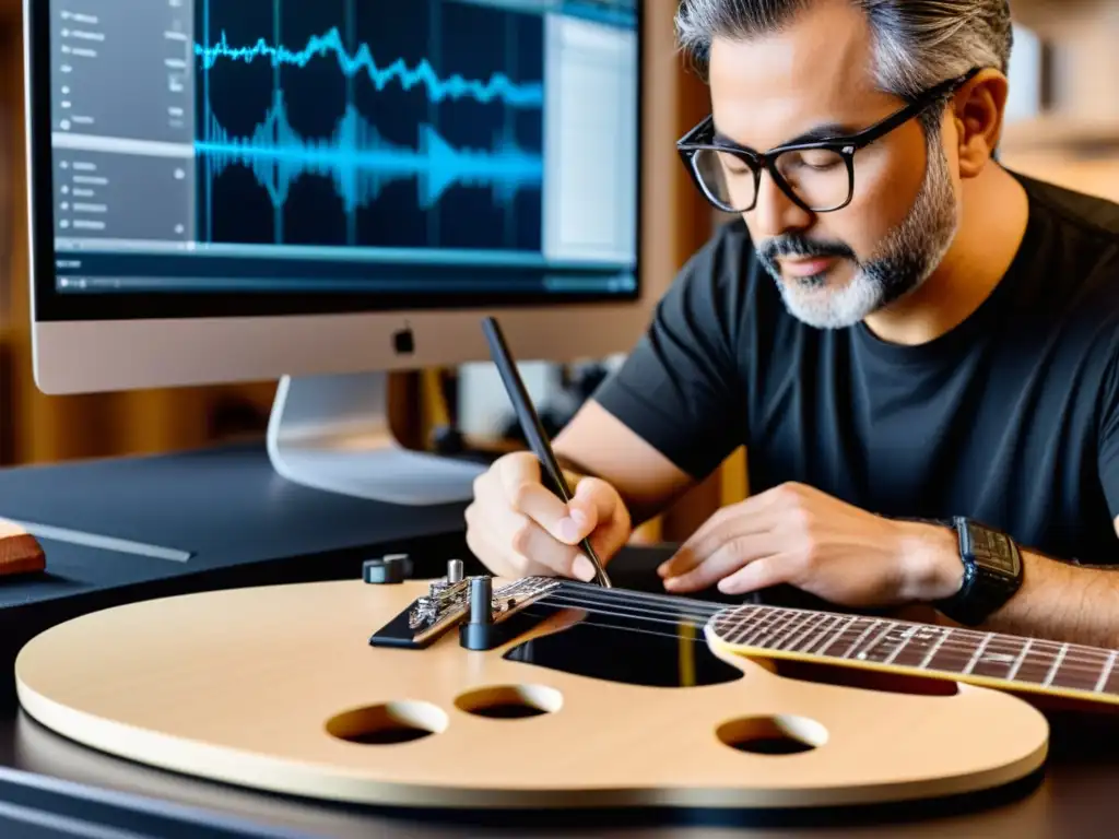 Un luthier experto diseñando con CAD una guitarra eléctrica personalizada