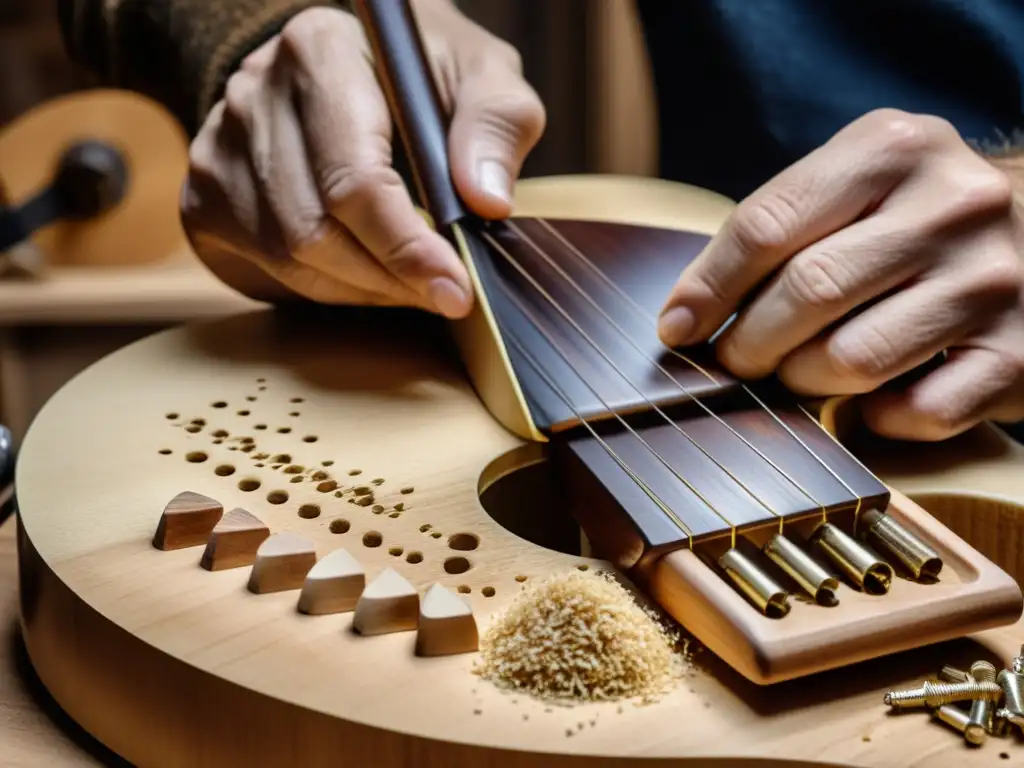 Un luthier experto en la construcción de guitarras eco-sostenibles, en un entorno de trabajo detallado y cálido, rodeado de herramientas y virutas de madera