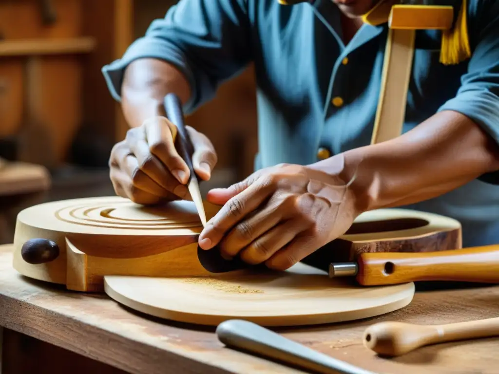 Un luthier experto esculpe el cuerpo de un Cuatro Venezolano tradicional, resaltando la historia y relevancia cultural del instrumento