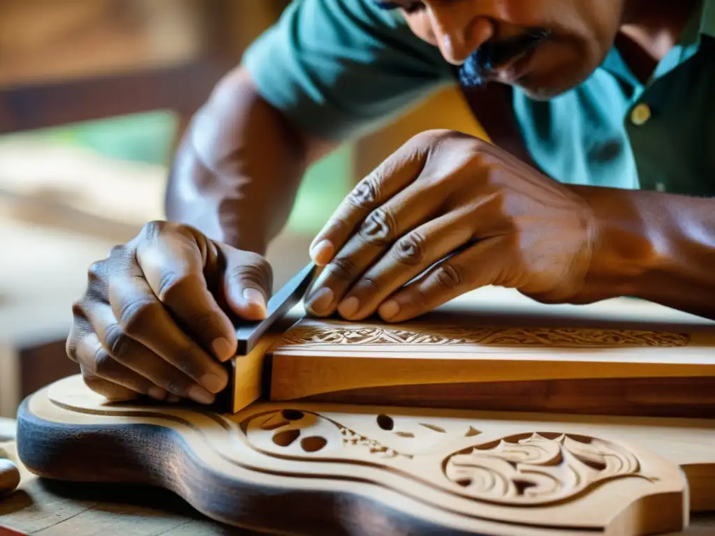 Un luthier experto esculpe con maestría el cuerpo de un Cuatro Venezolano, destacando la historia y construcción del instrumento