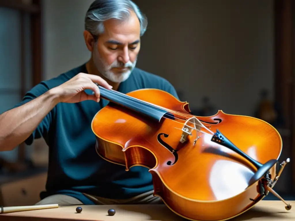 Un luthier experto restaura con cuidado un antiguo violonchelo, preservando su historia y tradición