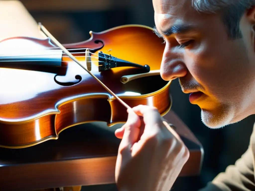 Un luthier experto repara con cuidado las delicadas cuerdas de un violín centenario, en su taller iluminado por una cálida luz