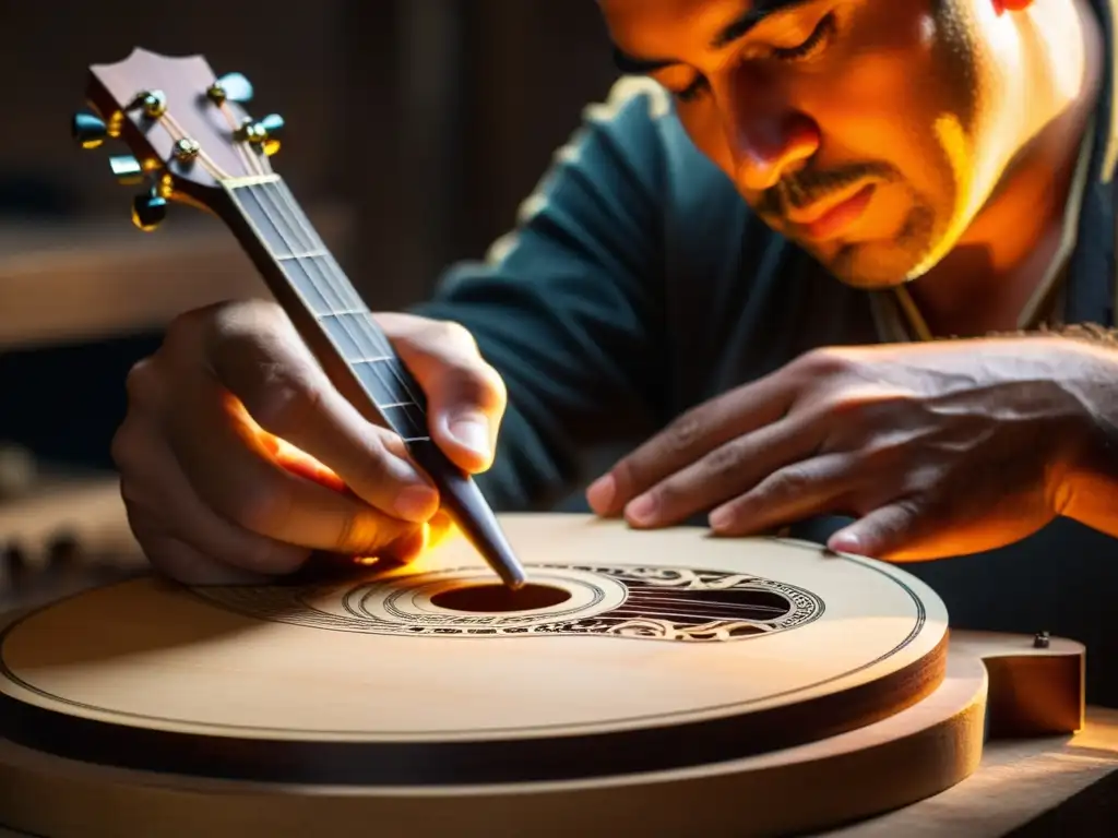 Un luthier experto tallando con cuidado los detalles de la boca de una guitarra portuguesa en su taller