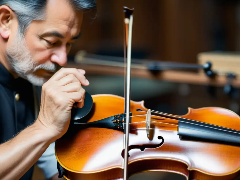 Restauración de violín vintage: Luthier experto documentando con cuidado Un luthier experto documenta con cuidado los detalles de un violín vintage en restauración, con luz suave iluminando el taller