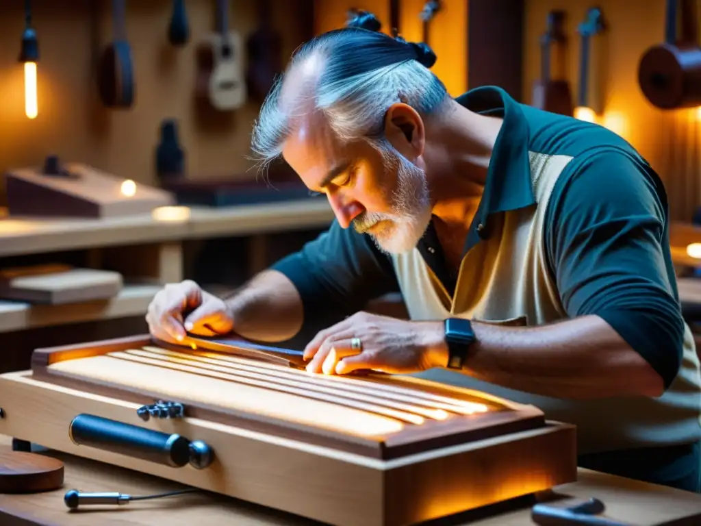 Un luthier experto esculpe con cuidado una cítara eléctrica en su taller iluminado, destacando la historia y sonido del instrumento