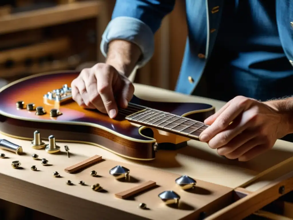 Un luthier experto ensambla con cuidado una guitarra eléctrica vintage en su taller