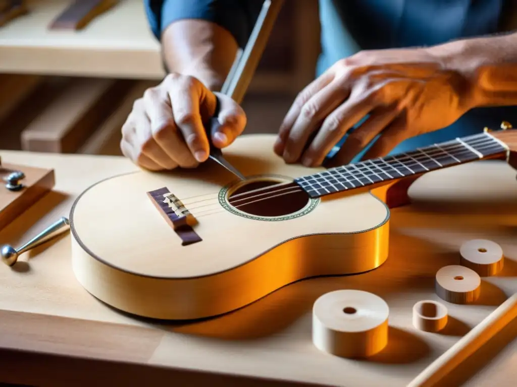 Un luthier experto esculpe con cuidado una guitarra española, rodeado de herramientas y virutas de madera