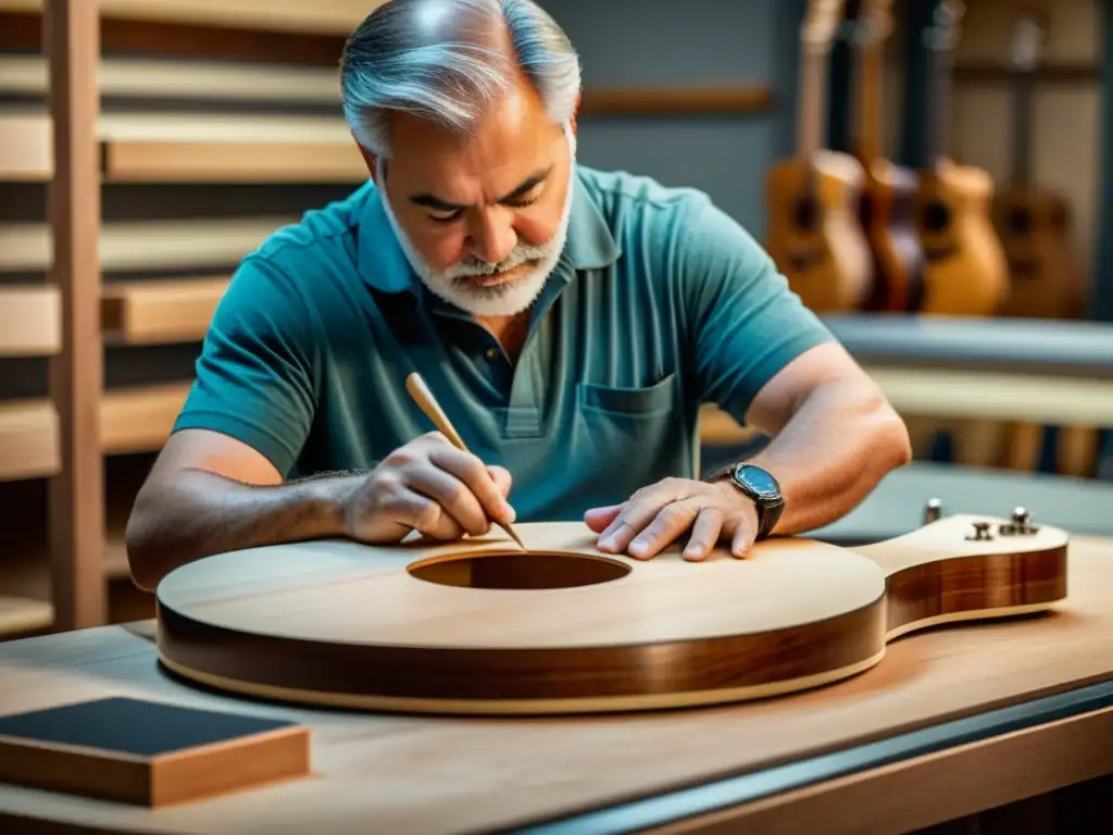 Un luthier experto selecciona con cuidado la madera para guitarras acústicas, mostrando tradición y artesanía detallada