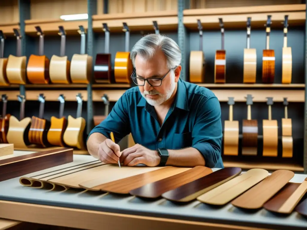 Un luthier experto selecciona con cuidado las maderas para guitarras acústicas, mostrando la artesanía y precisión en la selección de materiales
