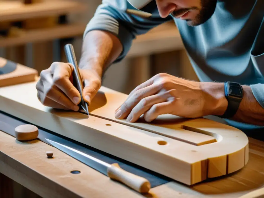 Un luthier experto esculpe con cuidado materiales modernos para la construcción de un arpa, destacando la técnica y los materiales empleados