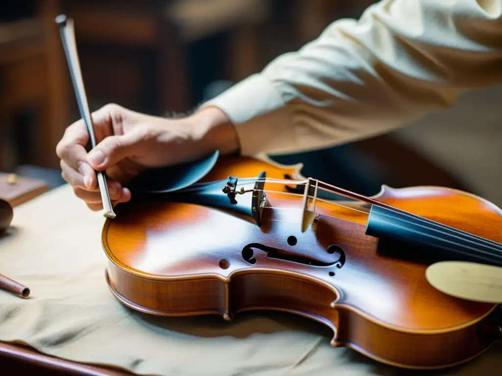 Un luthier experto restaura con cuidado un violín antiguo, demostrando la ética en la restauración de instrumentos en su taller cálido y tradicional