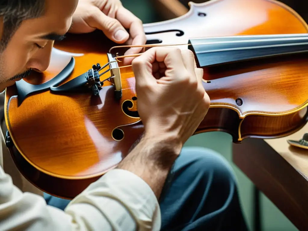 Un luthier experto repara con cuidado un violín antiguo, resaltando la artesanía y la historia de la reparación de instrumentos musicales